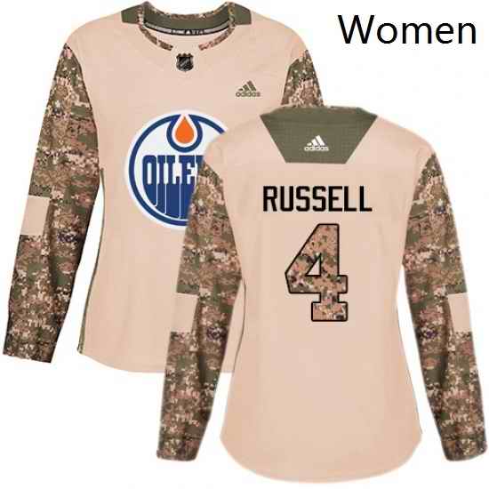 Womens Adidas Edmonton Oilers 4 Kris Russell Authentic Camo Veterans Day Practice NHL Jersey